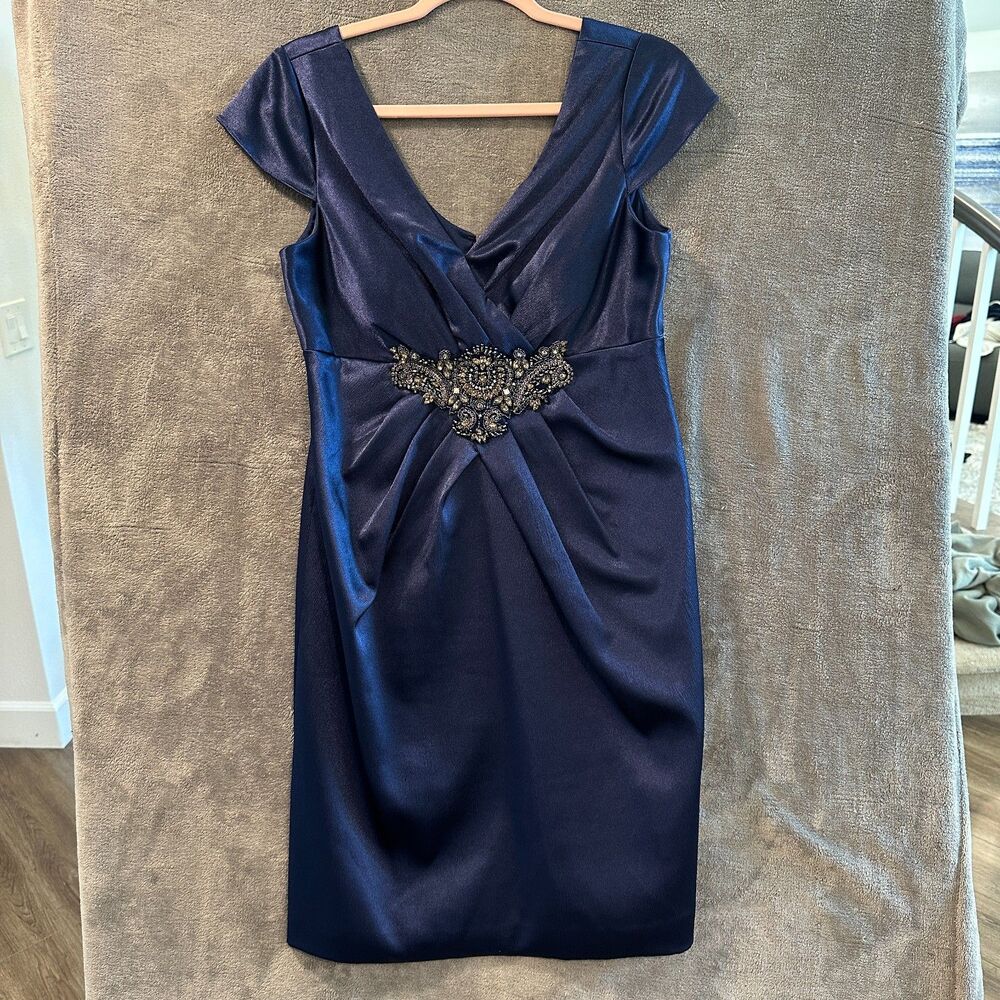 Navy Blue Satin Beaded Waist V Neck Cap Sleeve Cocktail Party Dress Size 8
